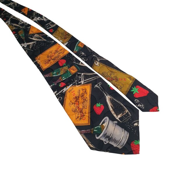 Nicole Miller 1991 Print Necktie Champagne Strawberries Silk Bartender Server - Picture 1 of 5